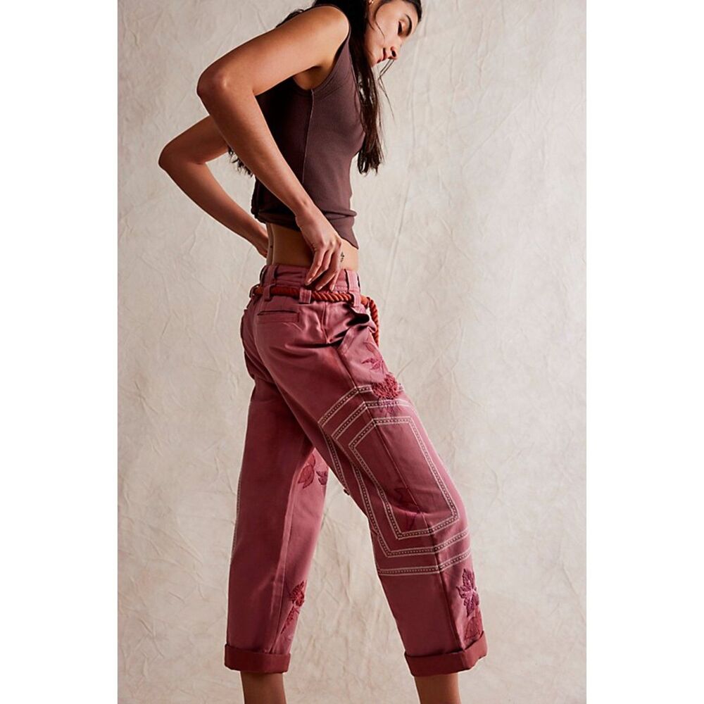 Free People We The Free Electric Sands Embroidered Cropped Pants Auburn 6 NWT